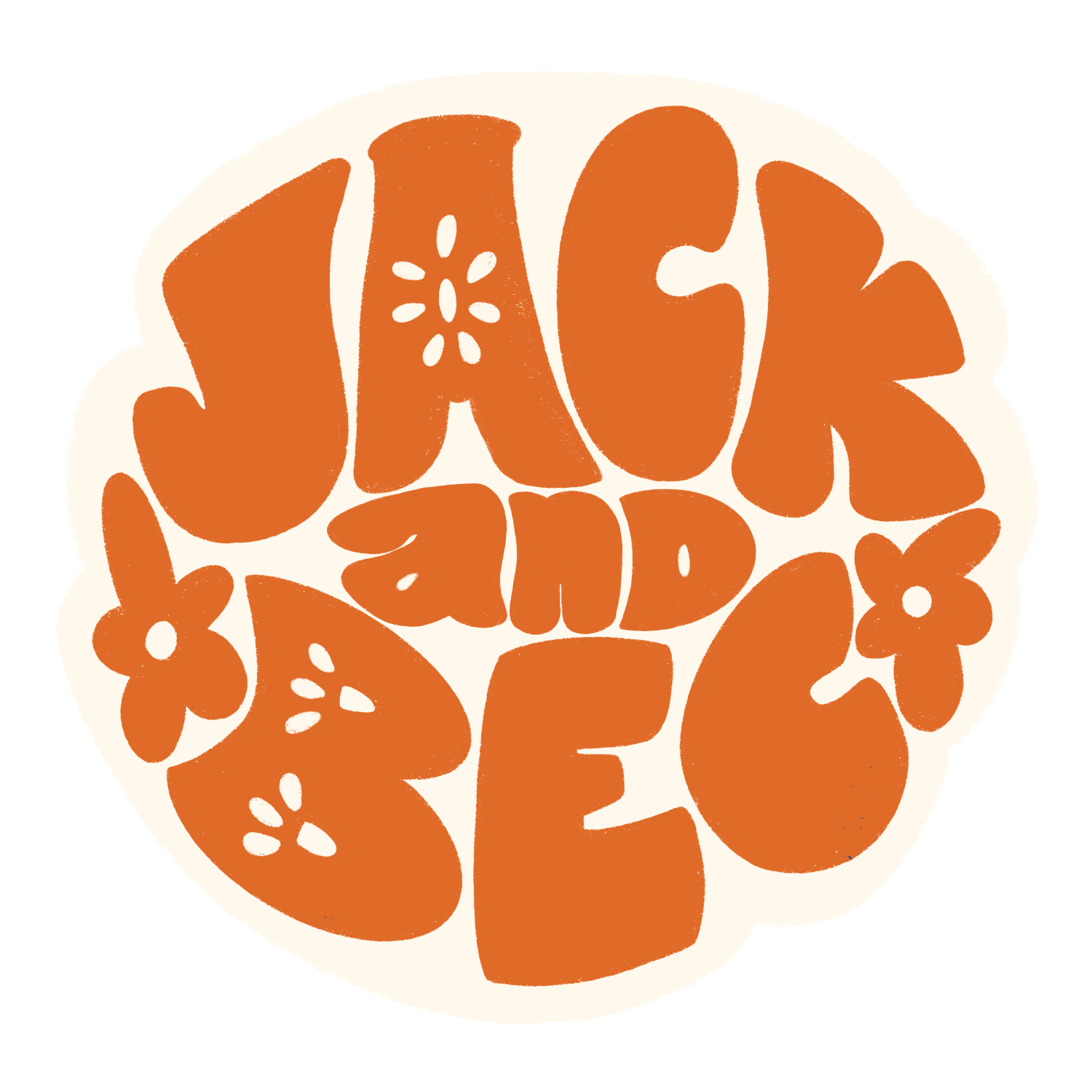 The words "Jack and Bec" in groovy 70's font colored in orange