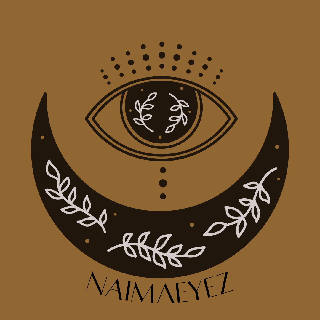 Brown square with an artistically rendered eye, and a crescent shape that curves around the bottom edge of the eye. There are leaves/vines on the crescent, and below the crescent is "Naimaeyez" in black.