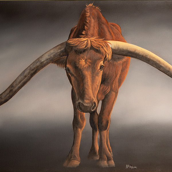 A portion of a portrait of a longhorn cattle. The cattle is brown, with very long horns that extend out the sides of the picture. The actual print includes the entire horns.