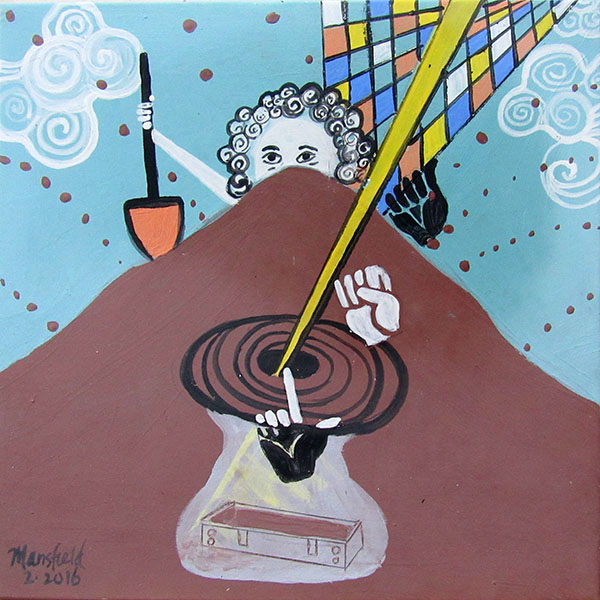 Picture of artwork. A brown mountain, a child's face peering over the mountain, the child is holding a shovel. There is a yellow beam coming out of the mountain. Clouds and stylized rainbows in the sky. Very abstract art.