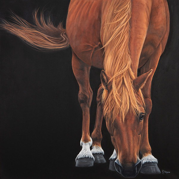 Kelly Simpson portrait of a chesnut colored horse, grazing.