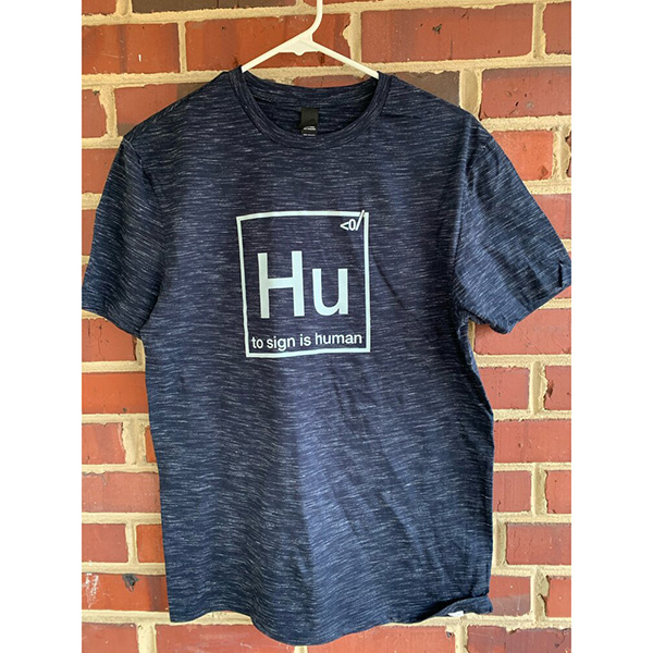 blue t-shirt - white design. "Hu - to sign is human".