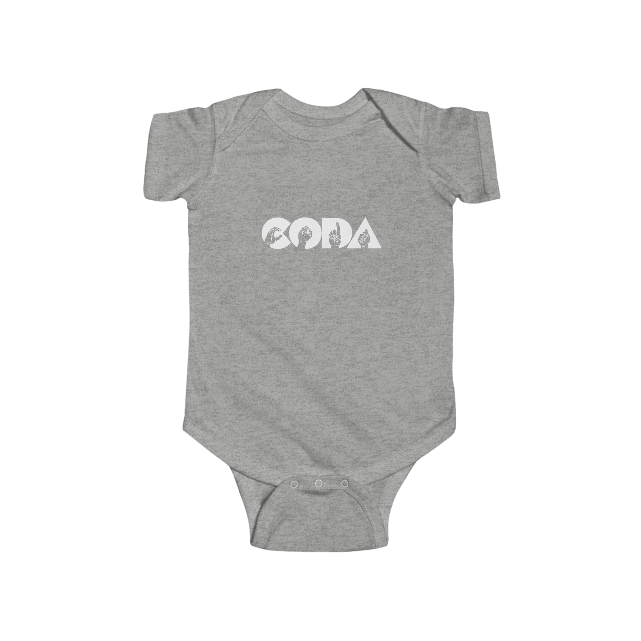 Gray child's onesie, white lettering. "CODA" in large font with fingerspelled letters inside the English letters.