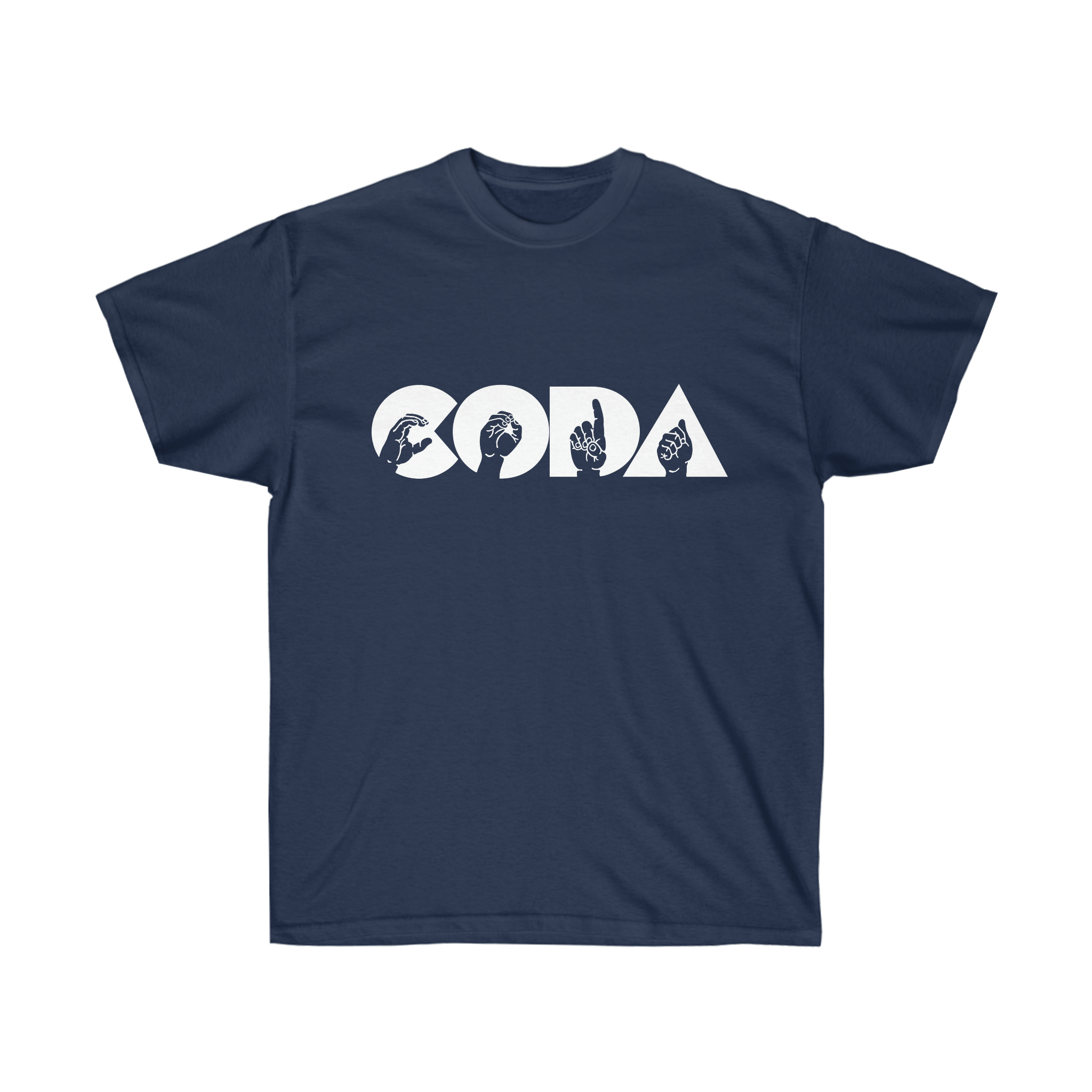 Navy blue t-shirt, white lettering. "CODA" in large font with fingerspelled letters inside the English letters.