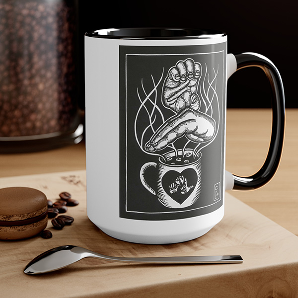 David Call linocut art mug, black handle, "Chocolate" hands, with mug below, "ASL" fingerspelled on the mug.