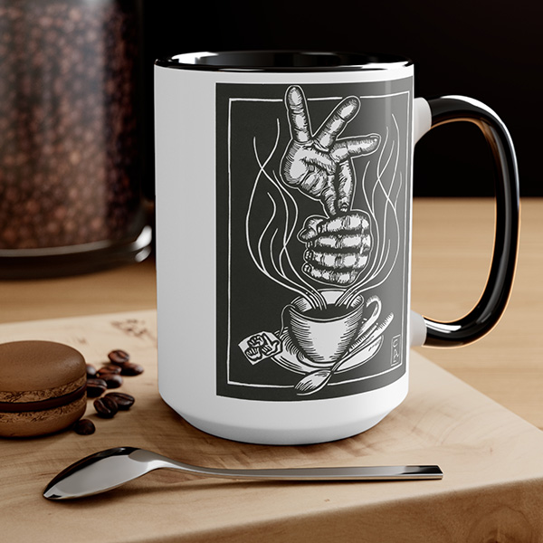 David Call mug with linocut "Tea" and a tea cup design.